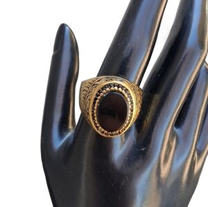 Steel Time Mens Gold Plated Black Onyx Signet Ring Ornate Band